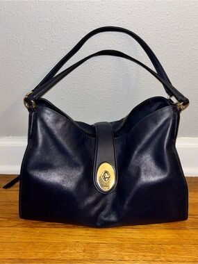 Coach Carlyle Leather Bag Purse Navy Turn Lock F37637